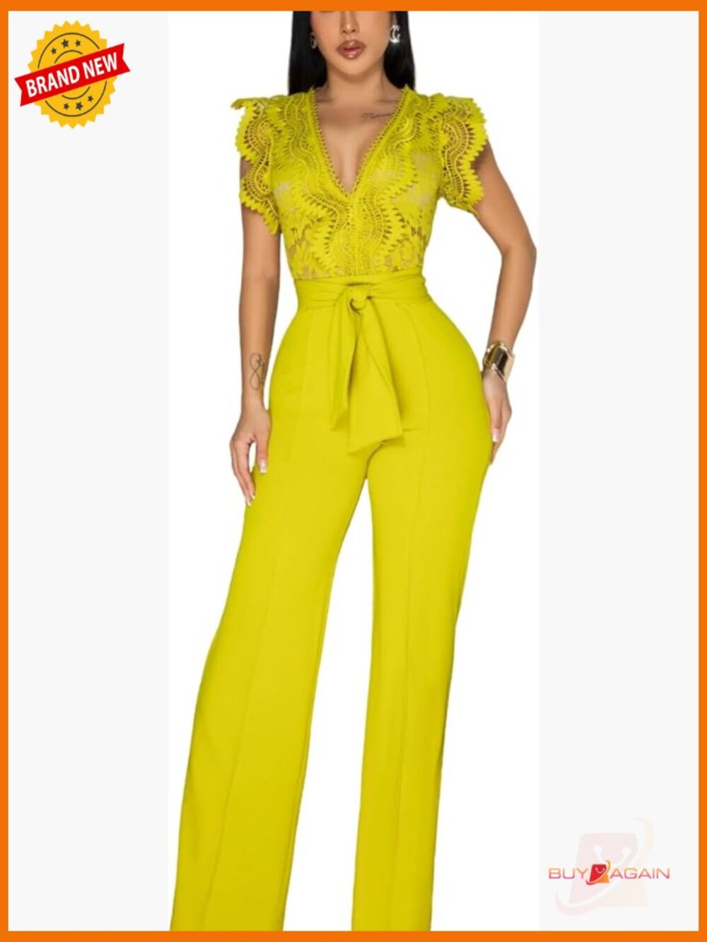 Elegant Lace Patchwork Jumpsuit V-Neck Wide Leg Jumpsuit